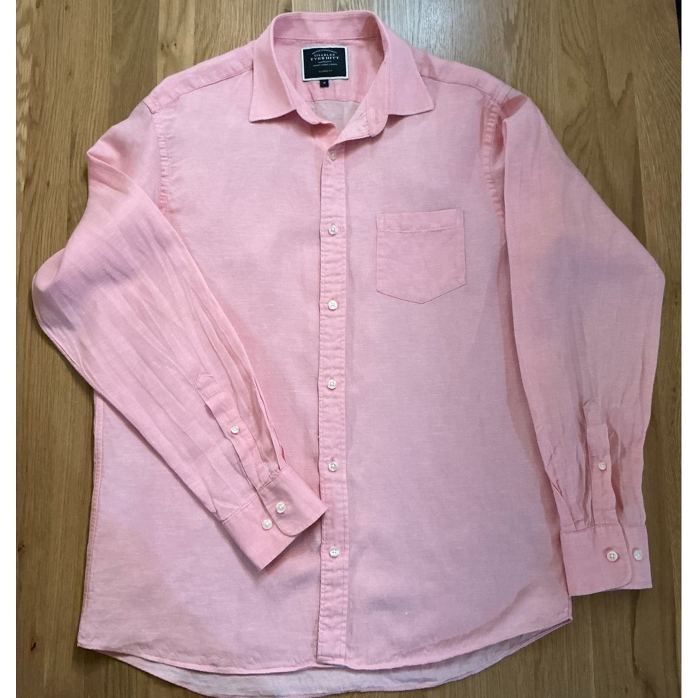 Charles Tyrwhitt Linen Lyocell Shirt Men's M Pink Classic Fit Button‎ Down